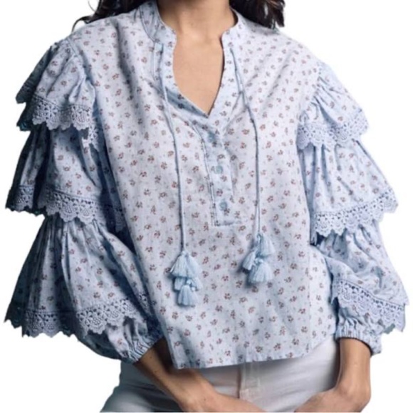 Rochelle Behrens The Shirt Blue Ditsy Floral Small Tiered Sleeve Boho Prairie - Picture 2 of 15